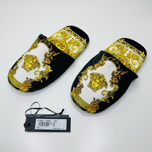 NWT Versace Medusa Slip-On Slippers Size S (6-7) Renaissance-Print Black Gold - Picture 5 of 8